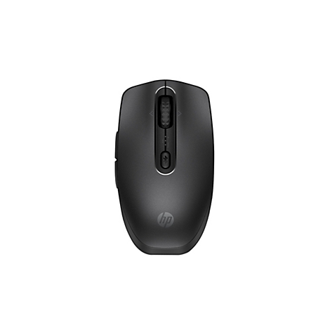 Schwarze kabellose HP-Maus in der Draufsicht vor weißem Hintergrund.