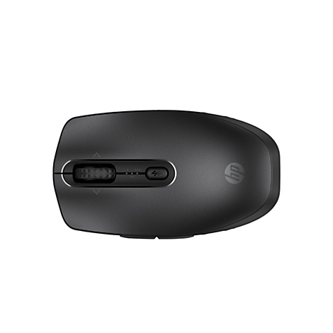 Schwarze kabellose HP-Maus in der Draufsicht mit Scrollrad und Bluetooth-Taste auf weißem Hintergrund.