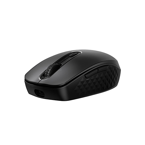 Schwarze kabellose Computermaus mit strukturierten Seitengriffen und USB-C-Anschluss vor weißem Hintergrund.