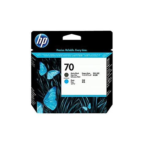 HP-Tintenpatrone 70 mit blauen Schmetterlingen und Text: Precise. Reliable. Every time.