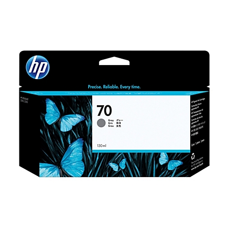 HP Tintenpatrone mit Schmetterlingen. Auf dem schwarzen Hintergrund sind blaue Schmetterlinge abgebildet. Auf der Patrone steht "70" und "Gray".