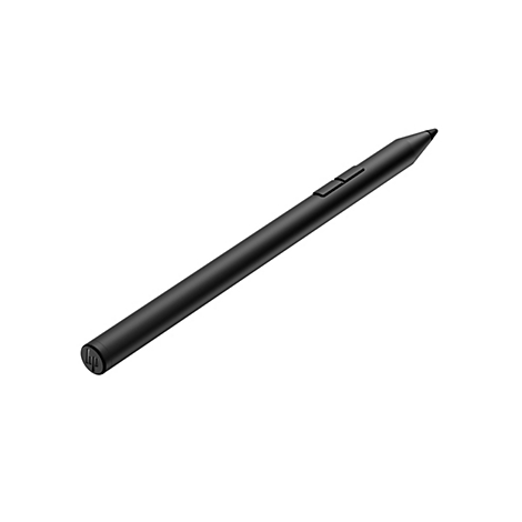 Schwarzer HP-Stift, schräg auf weißem Hintergrund. Der Stift hat zwei Knöpfe und ein HP-Logo.