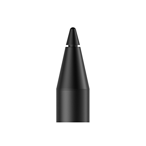 Detaillierte Nahaufnahme eines schwarzen Stiftes, der auf weißem Hintergrund steht. Der Stift hat eine konische Form mit einer Spitze.