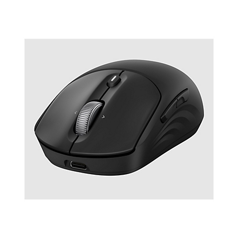 Schwarze, ergonomische Computermaus, beleuchtetes Scrollrad, Zusatztasten, USB-C-Anschluss, weißer Hintergrund.