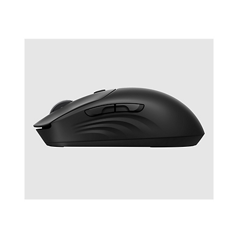 Schwarze Computermaus, Seitenansicht. Sie hat eine wellenförmige Oberfläche und mehrere Knöpfe.