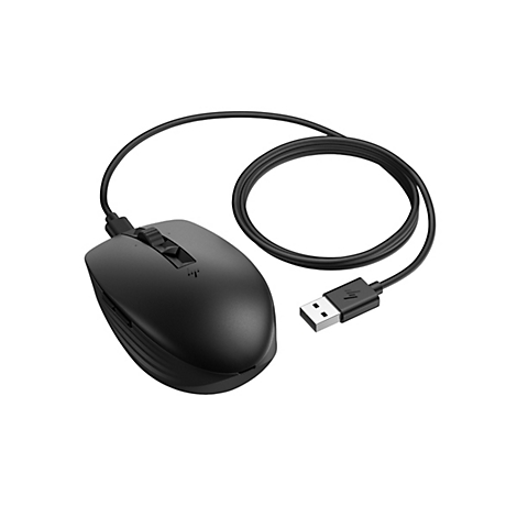 Schwarze, kabelgebundene HP-Computermaus mit USB-Anschluss vor weißem Hintergrund.