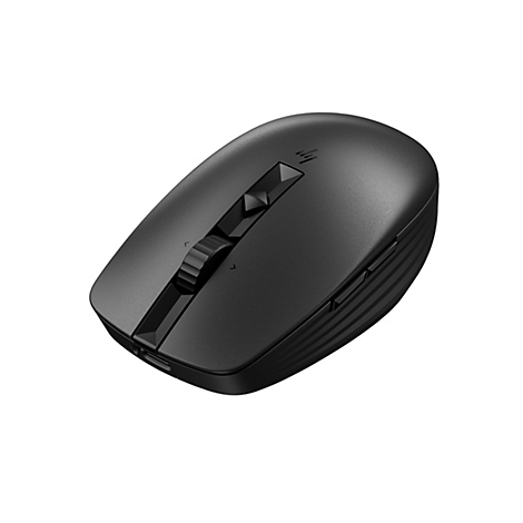 Schwarze, ergonomische kabellose Computermaus vor weißem Hintergrund.