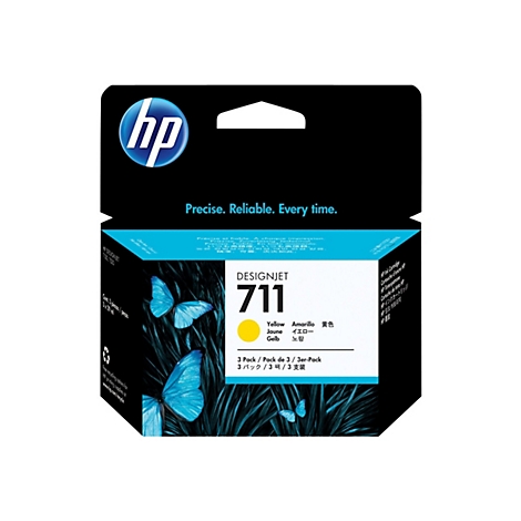 Une cartouche d'encre jaune HP Designjet 711 dans son emballage. L'emballage porte le logo HP et le texte 'Precise. Reliable. Every time.'