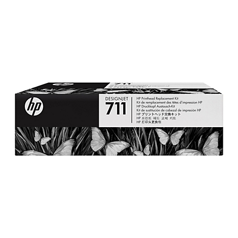 Boîte noire avec le logo HP, portant "DESIGNJET 711" et des informations sur le produit. Le fond montre des papillons.