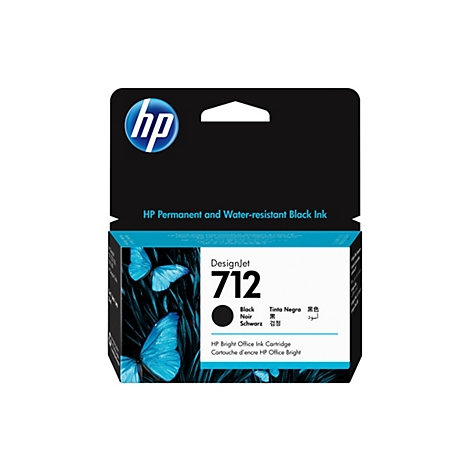 Schwarze HP DesignJet 712 Tintenpatrone. Auf der Verpackung steht "HP Permanent and Water-resistant Black Ink".