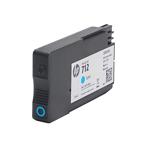 Schwarze HP DesignJet 712 Tintenpatrone mit Cyan-Tinte. Aufschrift: "Cyan", "Ink Cartridge", "29 ml", "Made in Malaysia".