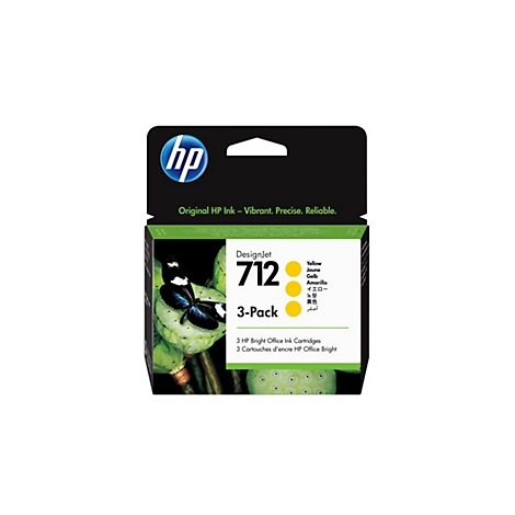 Gelbe HP 712 Tintenpatronen-Packung. Aufdruck: Schmetterling auf grüner Pflanze.