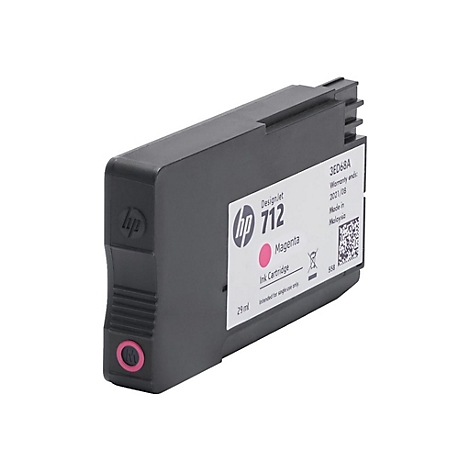 Eine Tintenpatrone mit der Aufschrift "Magenta, Ink Cartridge DesignJet 712, 29 ml". Die Patrone hat ein HP-Logo.