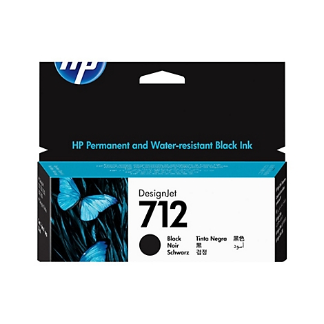 Schwarze HP DesignJet 712 Tintenpatrone mit Produktaufdruck, Text, und Schmetterlings-Grafik.