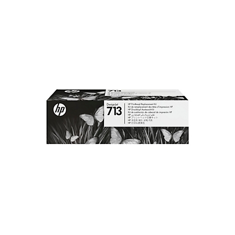 Ein rechteckiger Karton mit der Aufschrift „HP Designjet 713“. Auf der Verpackung ist ein Schmetterlingsmotiv abgebildet.