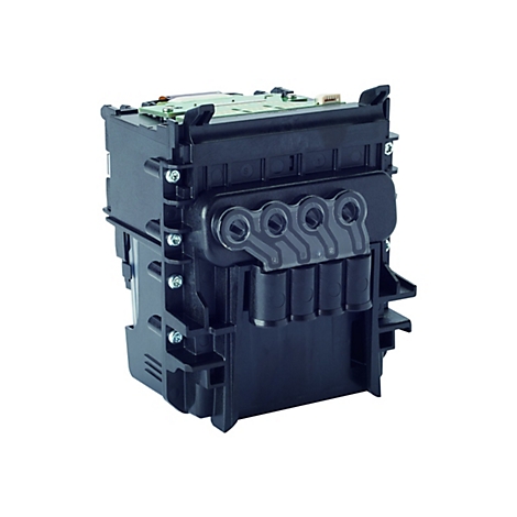 Schwarzer Druckerteil mit Steckern, Röhrchen und Schrauben. Auf weißem Hintergrund. Verschiedene Kennzeichnungen.