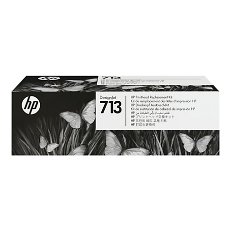 Schwarz-weiße Verpackung mit HP-Logo und Schriftzug DesignJet 713, Hintergrund mit Schmetterlingen.