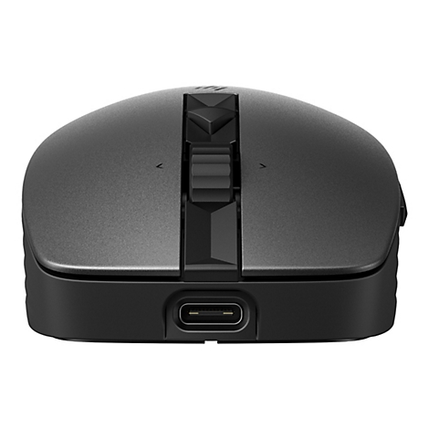 Draufsicht auf eine schwarze Computermaus mit hervorstehendem Scrollrad und USB-C-Anschluss.