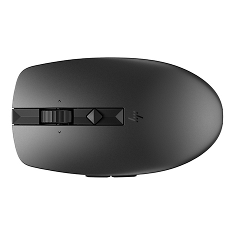 Draufsicht auf eine schwarze Computermaus. Mittig befinden sich ein Scrollrad, eine Taste und das HP-Logo.