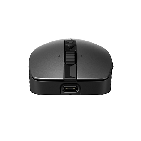 Schwarze kabellose Gaming-Maus in Frontansicht mit sichtbarem USB-C-Anschluss an der Vorderseite.