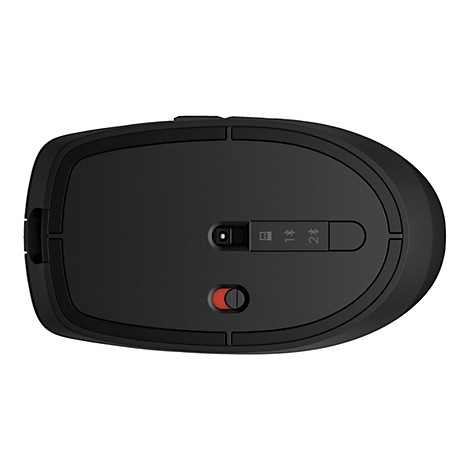 Draufsicht auf eine schwarze Maus. Auf der Unterseite befinden sich Schalter und ein roter Knopf.