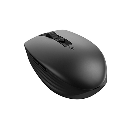 Schwarze, kabellose HP Computermaus vor weißem Hintergrund.