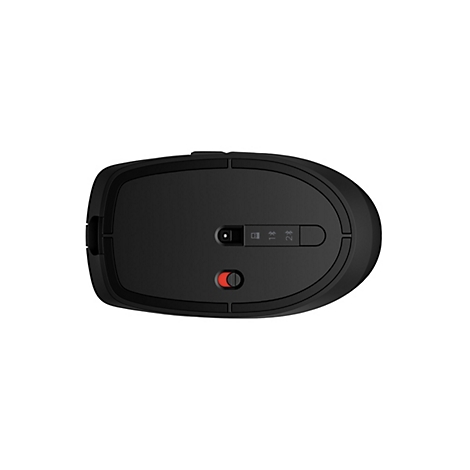 Draufsicht auf eine schwarze Maus. Auf der Unterseite befinden sich eine rote Taste und ein Schalter.