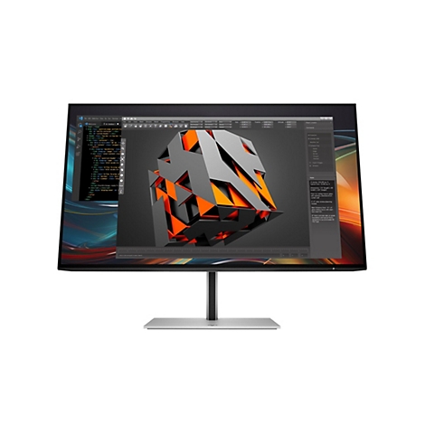 Ein moderner Monitor mit dünnem Rahmen zeigt eine 3D-Softwareoberfläche mit Code und grafischen Designelementen.