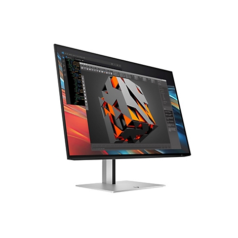 Ein moderner, schlanker HP-Monitor mit dünnen Rändern, der auf einem silbernen Standfuß steht und eine 3D-Design-Software zeigt.
