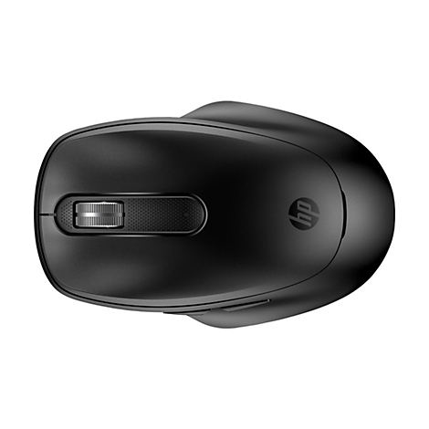 Draufsicht einer schwarzen, ergonomischen kabellosen HP-Maus mit silbernem Scrollrad auf weißem Hintergrund.