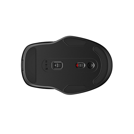 Draufsicht auf eine schwarze kabellose Maus. Auf der Unterseite befinden sich Bedienelemente, darunter ein Ein-/Ausschalter und eine Taste.
