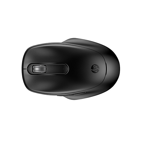 Draufsicht auf eine schwarze HP-Maus mit Scrollrad und HP-Logo.