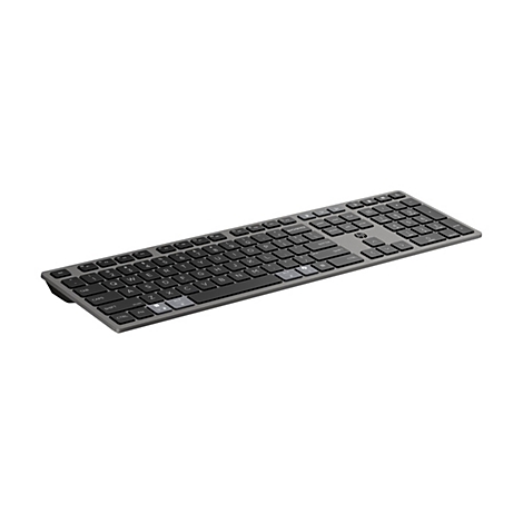 Schwarze, flache kabellose HP-Tastatur in Perspektive vor weißem Hintergrund.