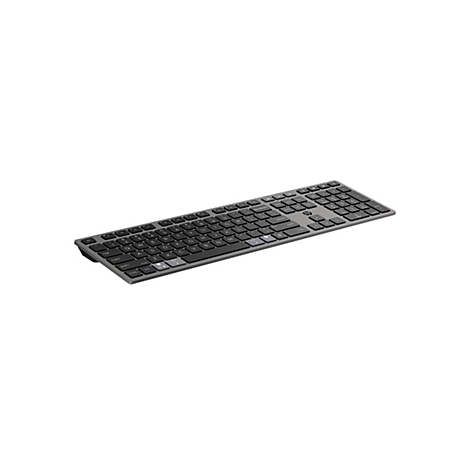 Draufsicht auf eine graue kabellose HP-Tastatur auf weißem Hintergrund.