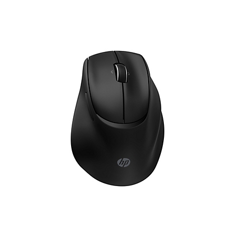 Schwarze, ergonomische HP-Funkmaus vor weißem Hintergrund mit Scrollrad.