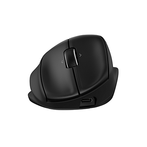 Schwarze, ergonomische kabellose Computermaus mit USB-C-Anschluss vor weißem Hintergrund.