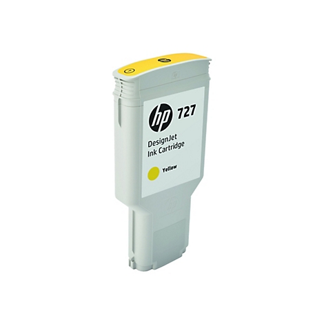 Une cartouche d'encre jaune HP 727 DesignJet sur fond blanc, affichant les logos et les informations sur le produit.