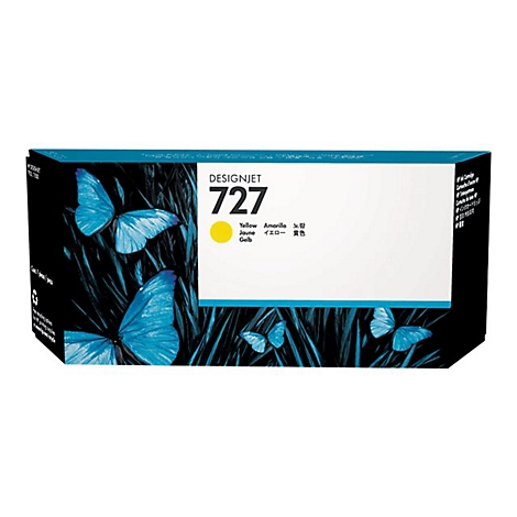Cartouche d'encre Designjet 727 jaune avec motif papillon.