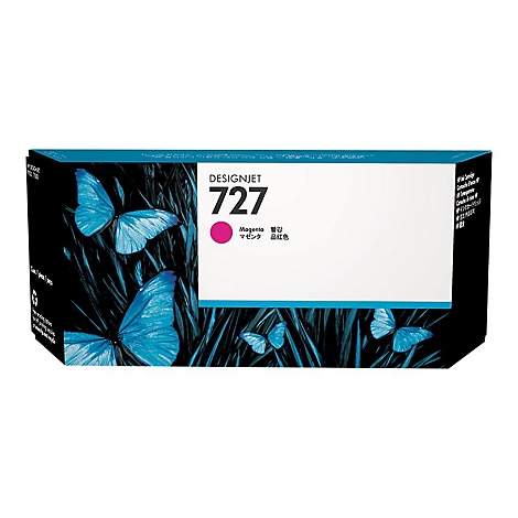 Emballage pour DesignJet 727 magenta. Impression avec des papillons, informations sur le produit et cercle de couleur.