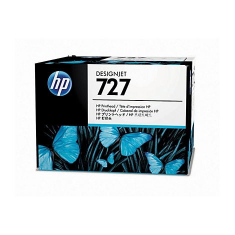 Boîte noire avec le logo HP et les mots DESIGNJET 727. En dessous, on peut lire 'HP Printhead'. Des papillons bleus sont représentés sur la boîte.