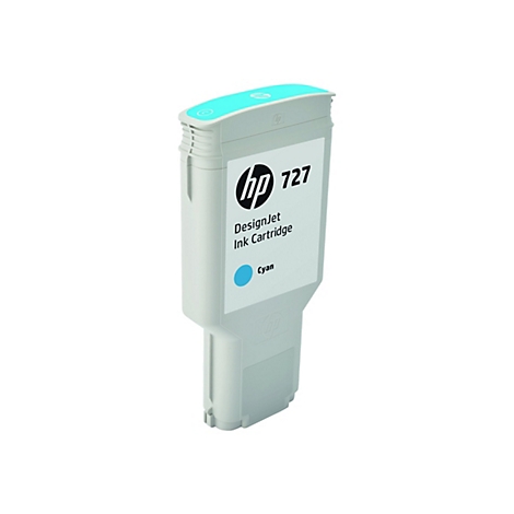 Graue Tintenpatrone mit türkis Deckel und Logo. Auf dem Etikett steht "HP 727 DesignJet Ink Cartridge Cyan".
