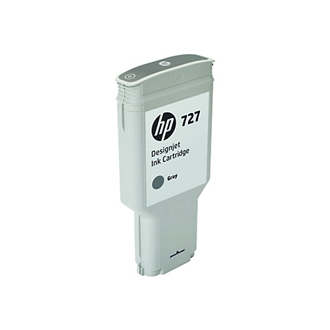Graue HP Designjet Tintenpatrone 727. Auf weißem Hintergrund.