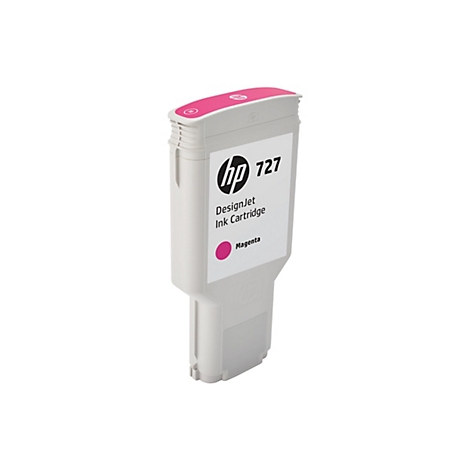 Eine magenta HP 727 DesignJet Tintenpatrone. Auf der Patrone stehen das HP Logo, die Bezeichnung 727 und "Magenta".