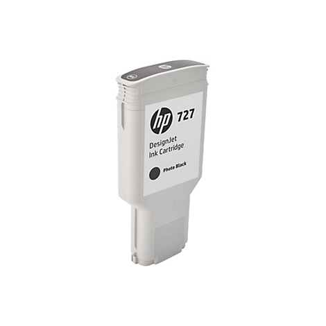 Eine HP 727 Photo Black Tintenpatrone vor weißem Hintergrund.