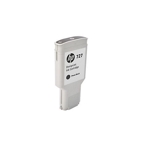 Graue HP 727 Tintenpatrone auf weißem Hintergrund. Schwarze Aufschrift: DesignJet Ink Cartridge, Photo Black.