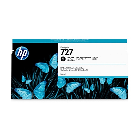 Tintenpatrone mit Schmetterlingen. Aufschrift: DesignJet 727, Photo Black. HP-Logo.