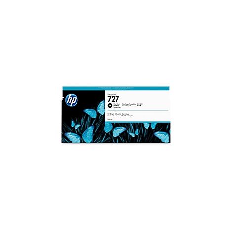 HP DesignJet 727 Tintenpatrone, auf der blaue Schmetterlinge vor einem schwarzen Hintergrund abgebildet sind.
