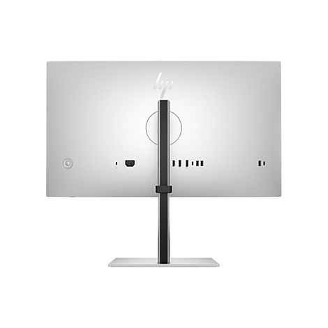 Rückseite eines silbernen HP-Monitors mit zentralem Standfuß und verschiedenen Anschlüssen.