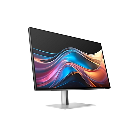 Moderner PC-Monitor mit schmalem Rahmen und silbernem Standfuß, zeigt ein abstraktes, buntes Farbdesign auf dem Bildschirm.