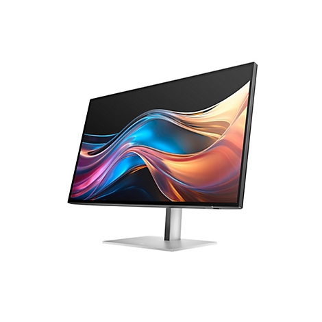 Moderner, schlanker Computerbildschirm mit silbernem Standfuß und abstraktem, farbenfrohem Hintergrund auf weißem Grund.